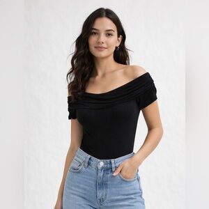 Dynamite Black Off Shoulder Bodysuit Ruched Minimalist Slim Fit Casual